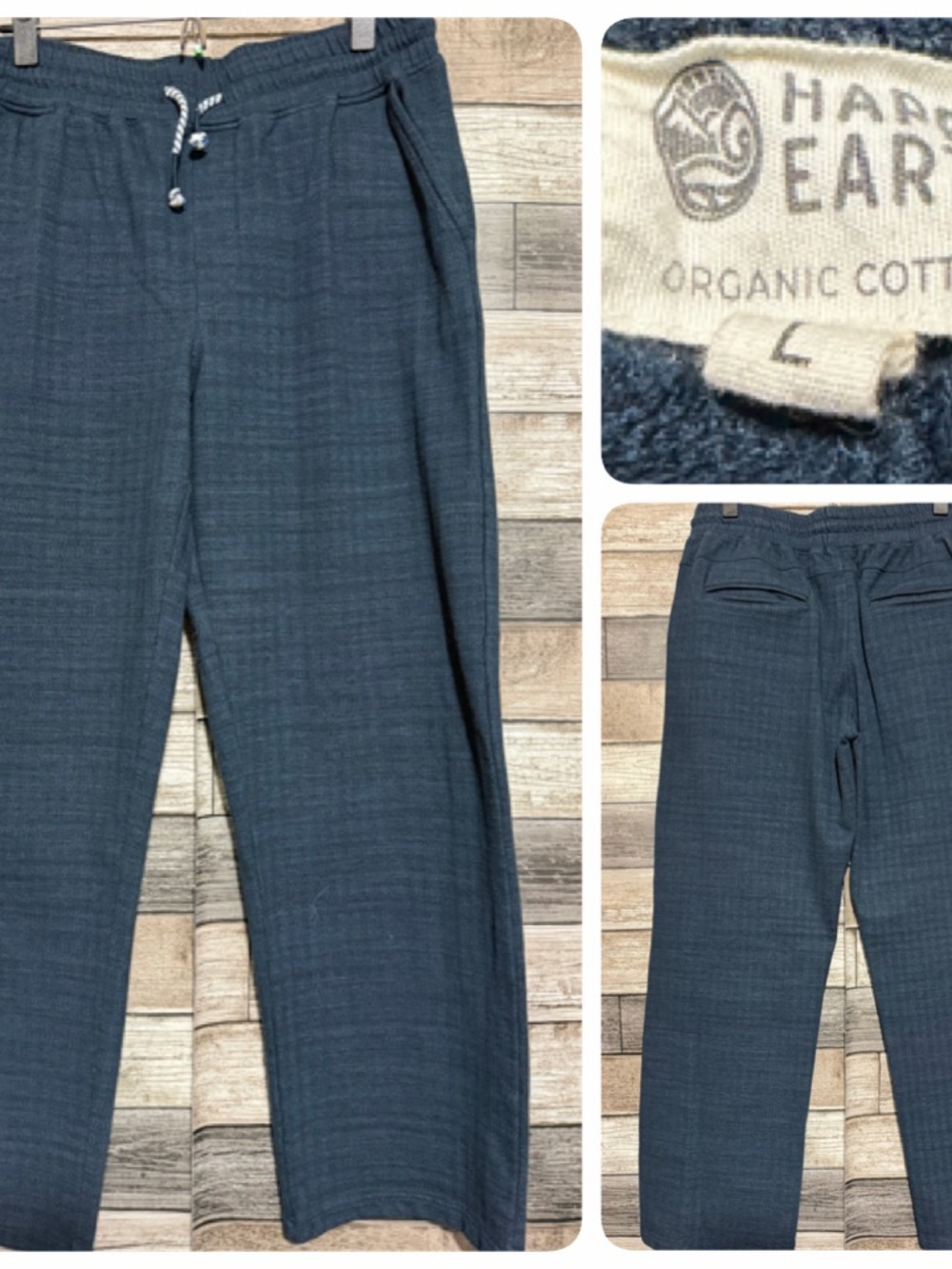 Happy Earth Drawstring Pants Women’s L Blue Textured Straight (Inseam 28.5)